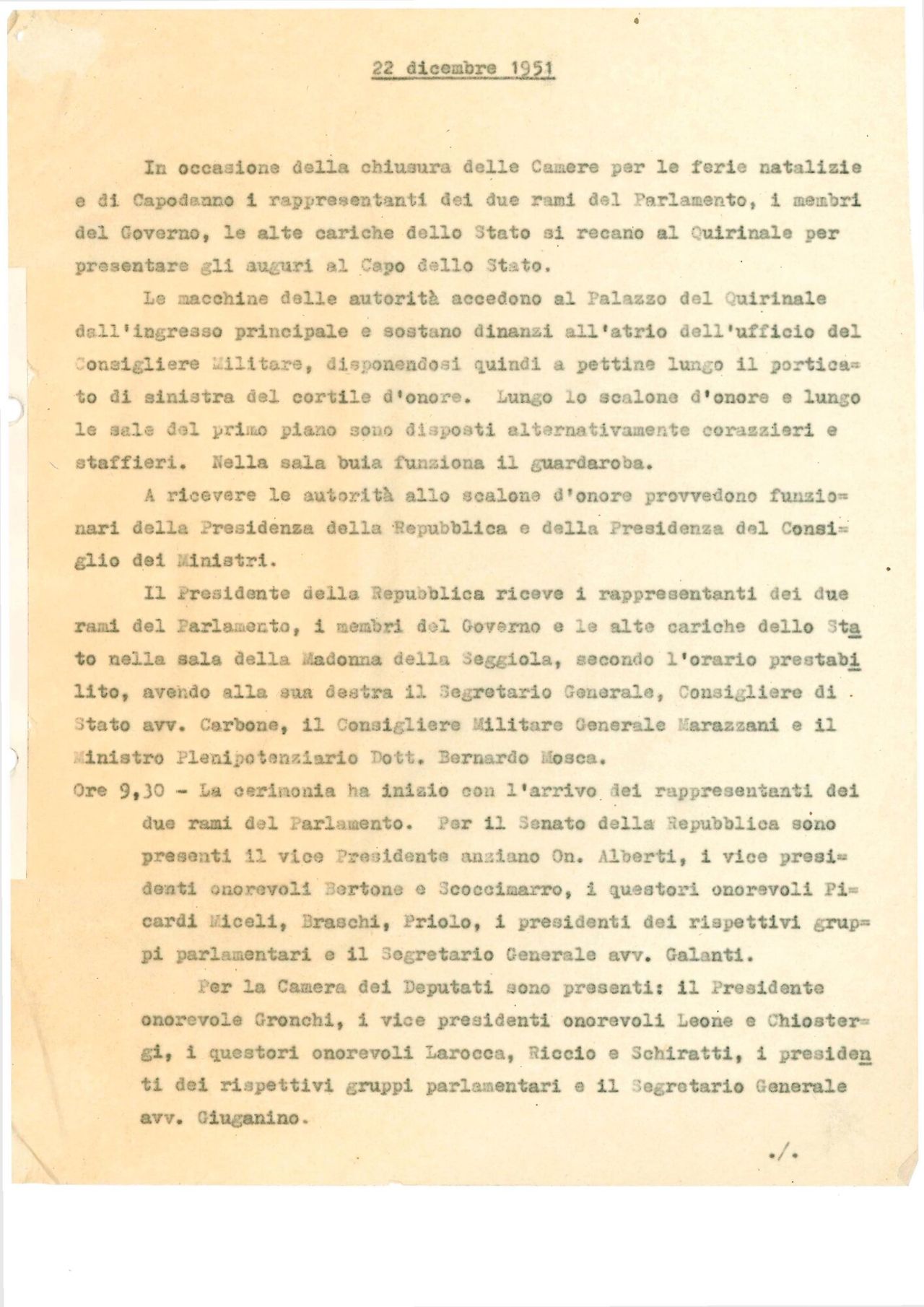 Comunicazione modalità ricevimento al Quirinale 