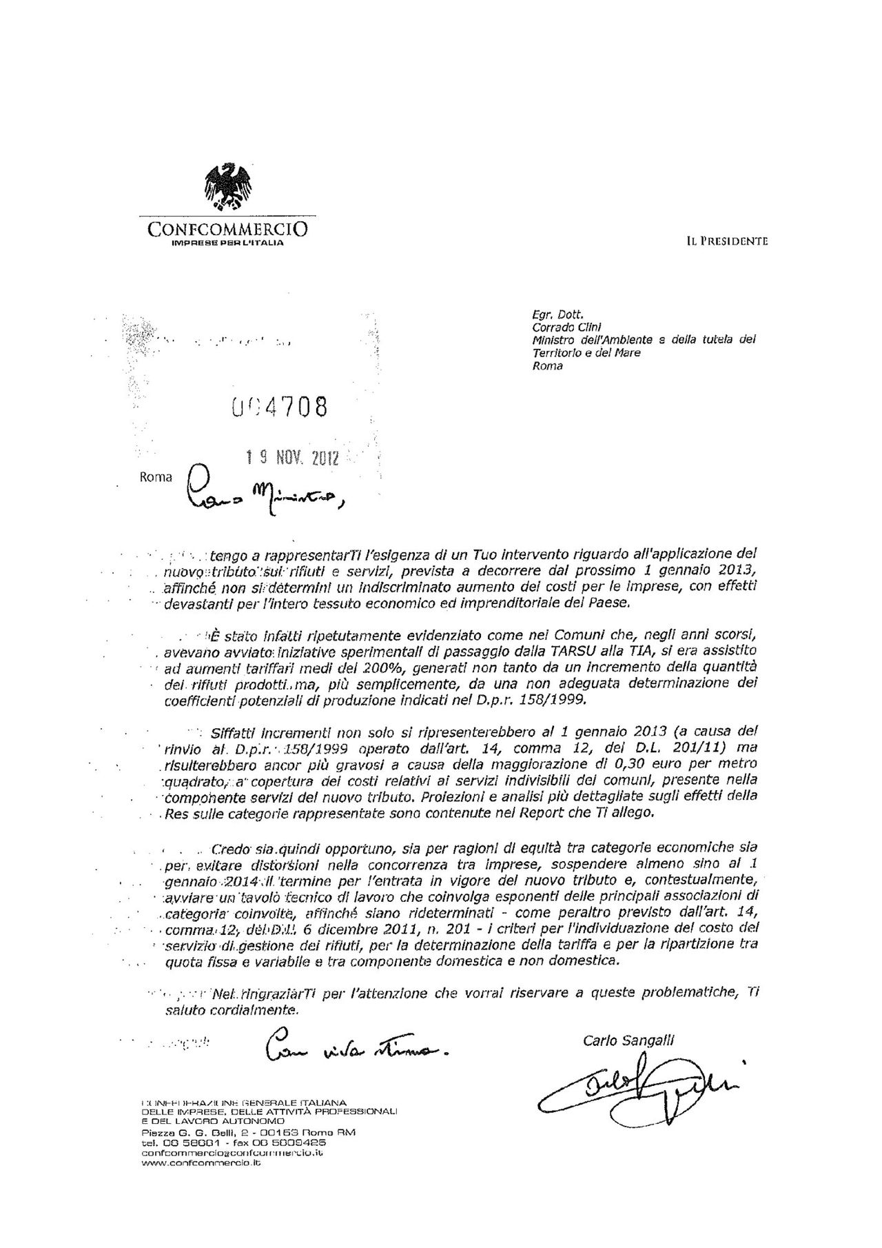Carlo Sangalli al Ministro dell'Ambiente e della tutela del Territorio e del Mare Corrado Clini