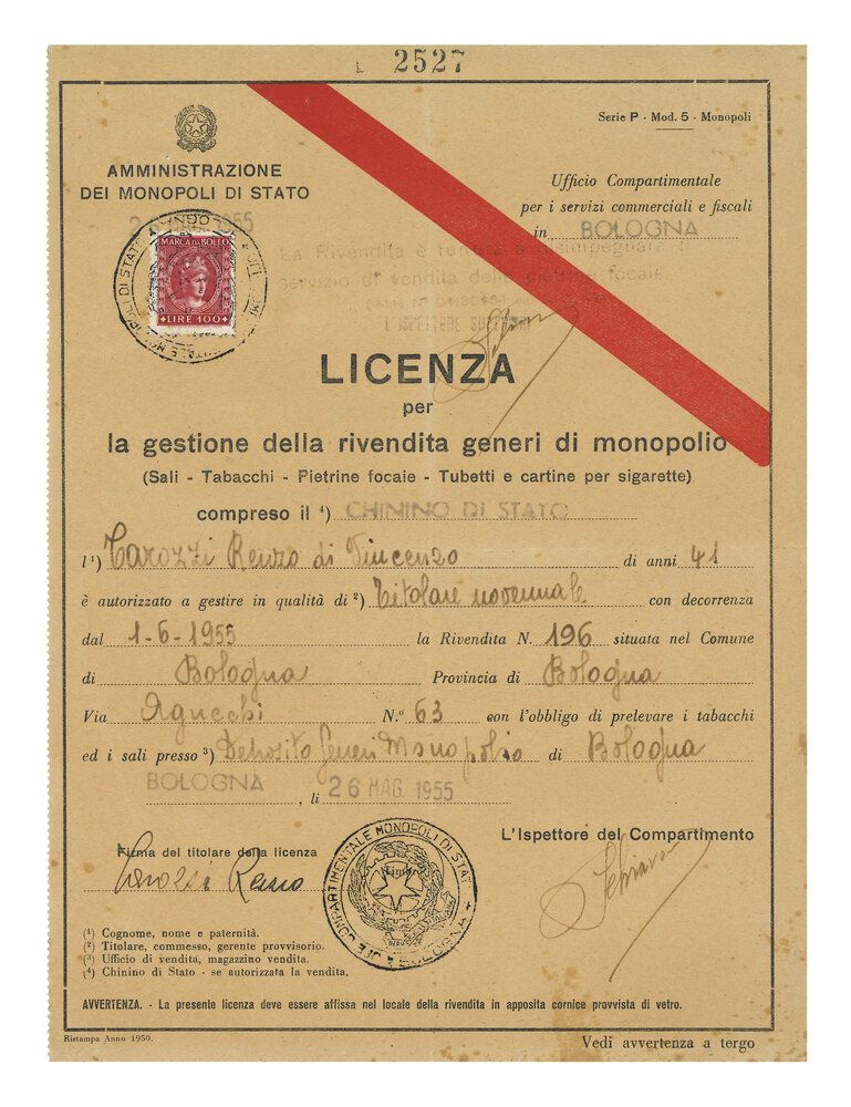 Licenza per la gestione della rivendita generi di monopolio di Bologna 