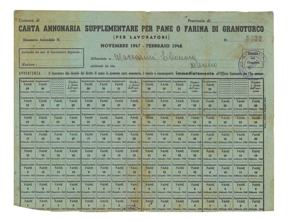 Carta annonaria per pane o farina di granoturco