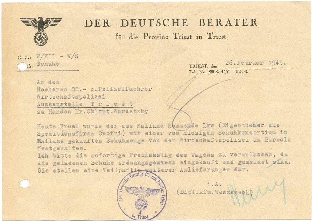 Il Consigliere di Stato della Provincia di Trieste Weczereck al Capo SS per gli Affari Economici di Trieste Wardetzky