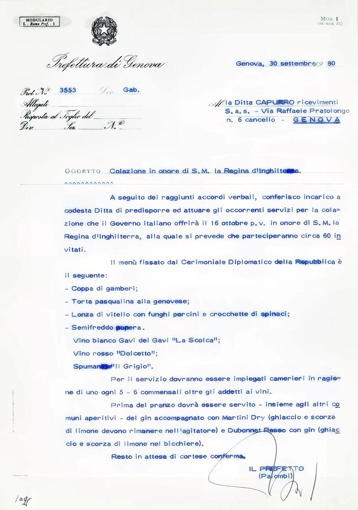 Prefettura di Genova alla Ditta Capurro Ricevimenti: "Colazione in onore di S. M. la Regina d'Inghilterra"